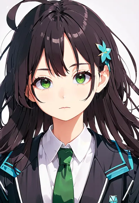 anime girl with long hair wearing a black jacket and green tie, anime girl with long hair, beautiful anime high school girl, anime moe artstyle, anime visual of a cute girl, ilya kuvshinov with long hair, portrait anime girl, young anime girl, smooth anime...