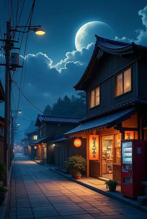 Create a detailed nighttime street scene in a small, quiet Japanese town. The setting includes a traditional wooden store with glowing, warm orange signage and dim light coming from inside. The store has intricate woodwork and architecture, surrounded by u...