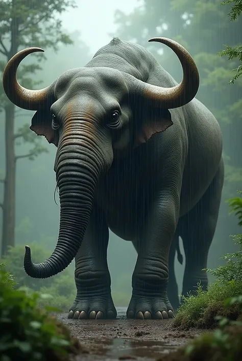 Make a fusion of a dachshund with an elephant (that reaches the size and weight of an African elephant) and with a bull, while it rains in a forest with an aggressive look 