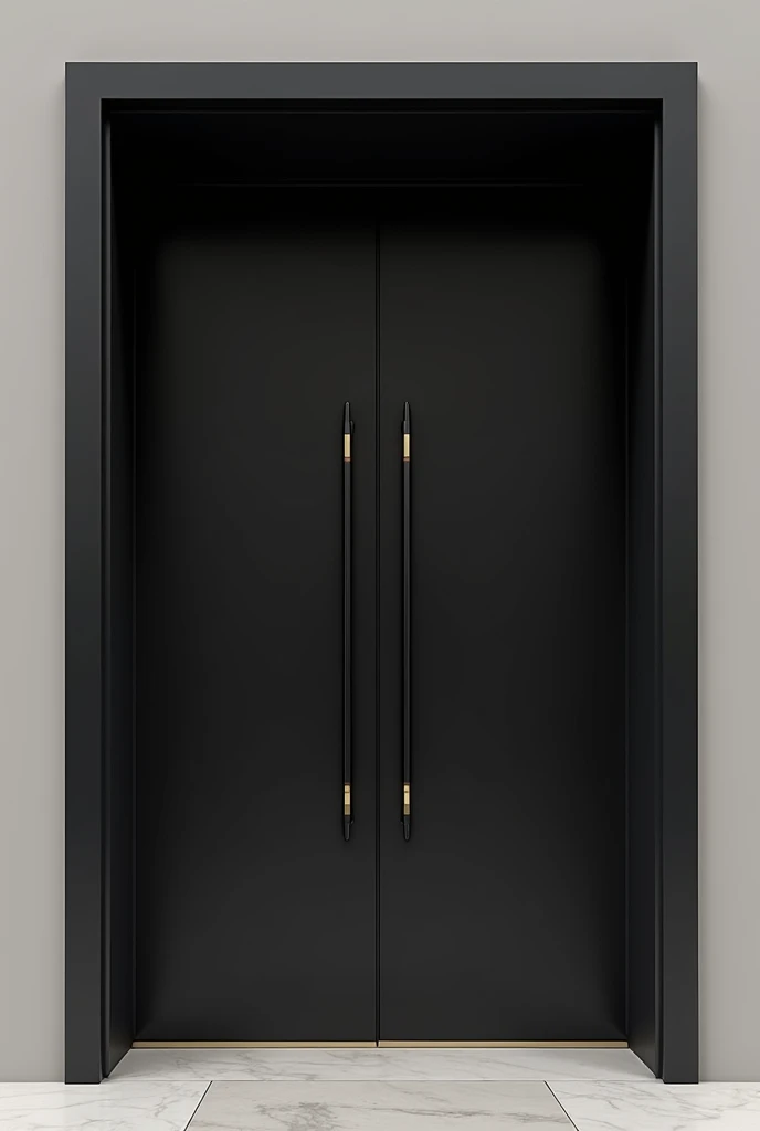 Mate black opening one and half double door with vertical black long bar handle and 2 golden stripes and also speped architrave