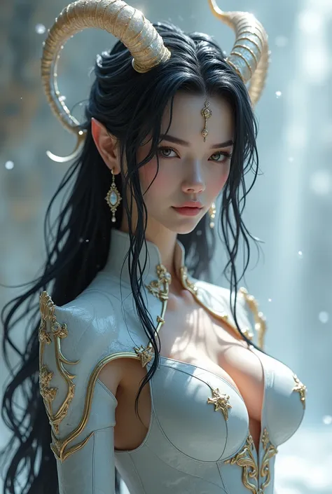 1 female with glass-like horns, snow-white skin, shiny black hair, giving off a majestic and heroic aura. Her body has some bumps and some concave parts, and she wears an elegant set of armor. Her pussy is covered with male dragon sperm.