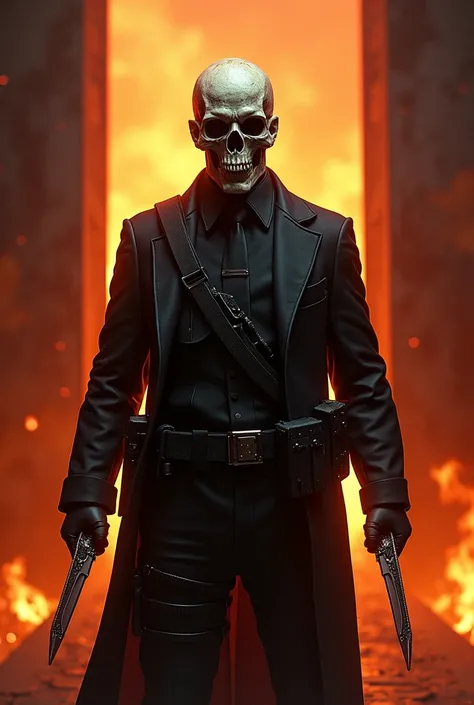 A policeman with a very detailed face of a horrifying skull, With very detailed and scary eyes, With a very detailed and scary smile，มีกริชสองเล่มอยู่ในhand，Special Forces Style, Assassin Style, With an assault rifle on his back, อาวุธในตำแหน่งที่ถูกต้องขอ...