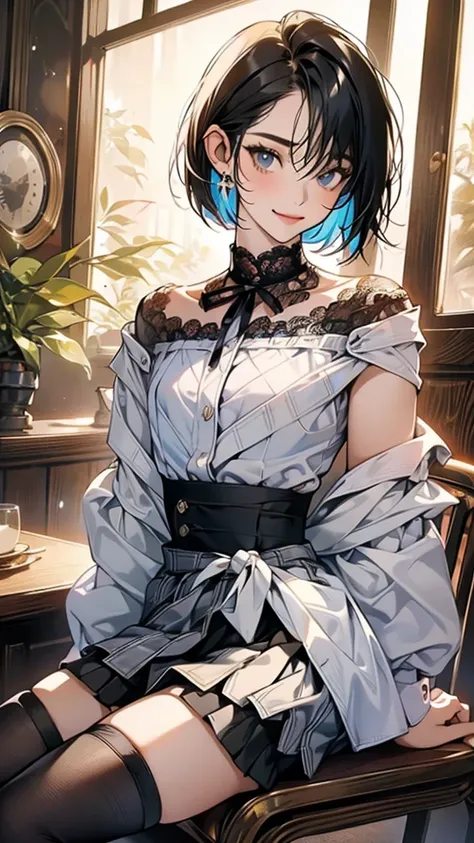 Best Quality, 1boy,Androgynous male,(Flat Chest:1.3),Black Hair,Short Bob Cut,(Off-the-shoulder blouse),Lace neck top,Long sleeve,Ribbon on wrist,(Checked mini skirt:1.5),Ribbon on waist,Vertical striped tights,Smiling Kindly,smile,Portraits, Inside a quie...