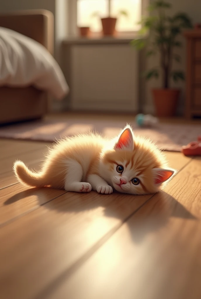 Kitten fell down lay down on 
the floor