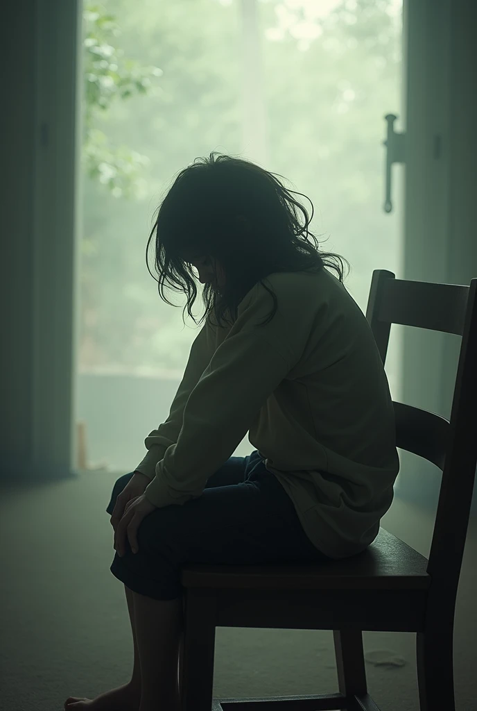 A boy with long hair backside looking down on a chair blurred image