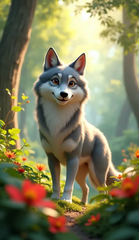 A gray and white furred wolf with brown eyes and a happy expression, standing in the middle of a beautiful jungle. Lush greenery and vibrant foliage surround you, with tall trees and colorful flowers scattered everywhere. Sunlight filters through the leave...