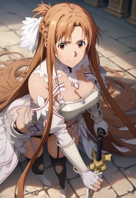 1girl, solo, asuna yuuki, sword art online, (masterpiece)), (best quality), (highres), 16k, perfect face, long hair, bangs, brow...