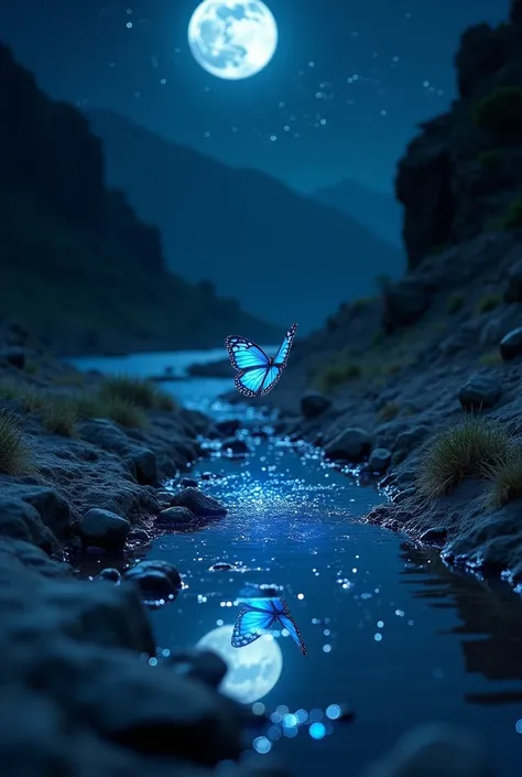 Rocky area　puddle　Moonlit Night　Moon Shining　Blue Butterfly　Sparkling fantastically　Rocky areaに溜まった水　The water sparkles　Many stars in the night sky　river