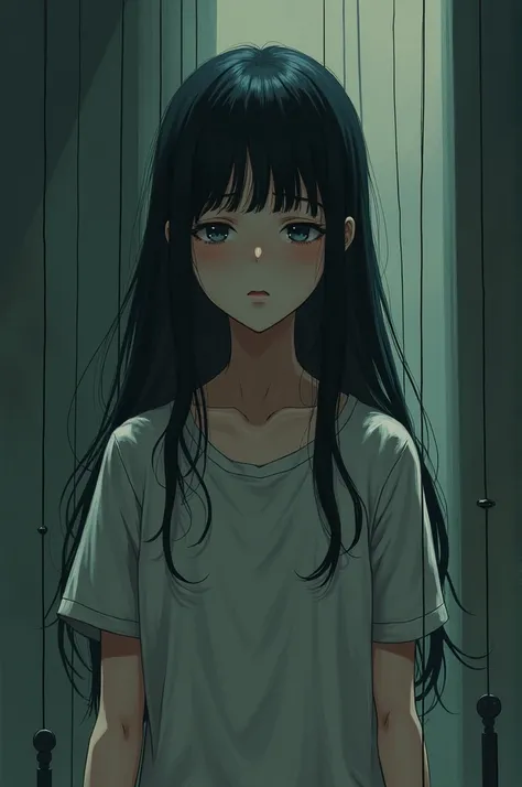 The girl is controlled like a puppet, a girl with dark hair is sad in anime style 