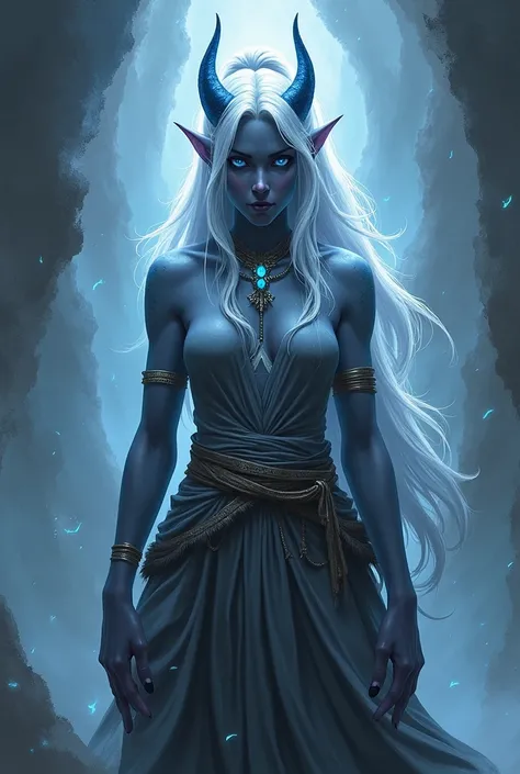 Draenei Girl, dark gray skin, White hair, gathered in a ponytail, roga barashek, hooves instead of legs blue eyes, Shaman