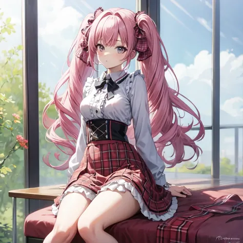 Pink hair, twin tails, long hair, Solo, Medium breast, adult, masterpiece, best quality, Frills,  (plaid skirt:1.2)
,reverse upright straddle