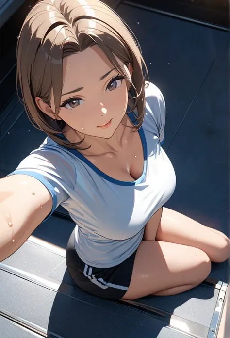 {masterpiece}, {best quality}, {very aesthetic}, {ultra-detailed}, {best illustration}, {ray tracing}, 1 woman, (((mature woman))), small breasts, curvy, armpits, (((sweat))), from above, breasts cleavage, looking below, t-shirt, sitting, gap of t-shirt