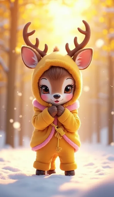 A extremely masterpiece 8k 3d animation image of a very beautiful and cute liitle dear wear very beautiful yellow and pink colour baby winter costume with two legs and two hands or with a very beautiful winter yellow forest background without any extra han...