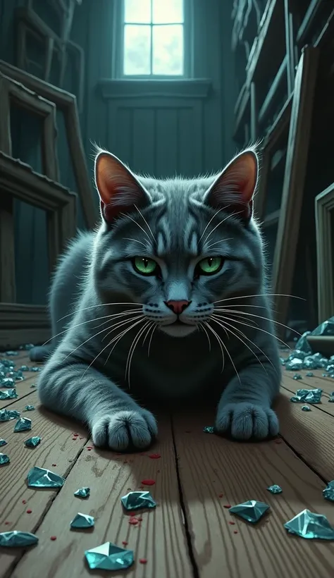 Illustrate a gray tabby cat with deep green eyes, lying on a wooden floor scattered with sharp glass shards. The cat has a visible cut on its front paw, with a few drops of blood seeping out. Its expression is one of distress, ears flattened back. The back...