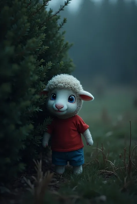 **Hiding Behind a Bush**
The baby sheep peeking from behind a bush, its big blue eyes filled with a mix of fear and curiosity. Its fluffy mane peeks out, and it’s still wearing the red t-shirt and blue shorts. The bush is thick, and in the background, the ...