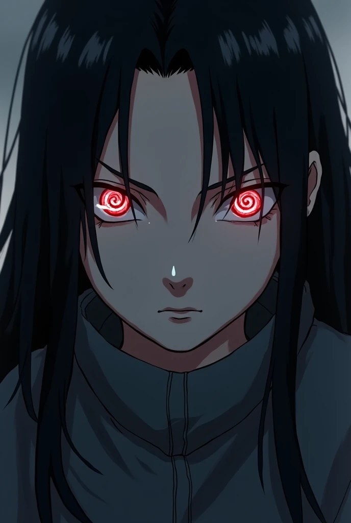 a highly detailed portrait of 1girl from the anime naruto,intricate detailed face, striking piercing eyes with tomoe pattern, long dark hair, sharp defined features, pale skin, serious facial expression, detailed high collar robe, swirling energy emanating...