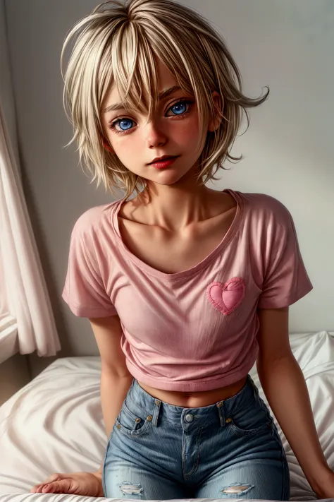 Anime style, Highres, Masterpiece, Best quality at best, Best Quality, hight quality, hight detailed, 1boy, (little boy), blonde boy, boy face, boy body, cute boy, femboy, detailed light blue eyes, short hair, messy hair, bangs, pastel rainbow inner hair c...