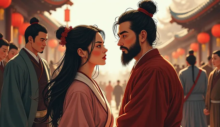 Illustration style，The pancake seller and the beautiful woman meet again in the crowd，Beautiful woman with tears in eyes，Looking at the pancake seller sadly，The pancake seller has a complicated look。There were people standing around，Tang Dynasty officials ...