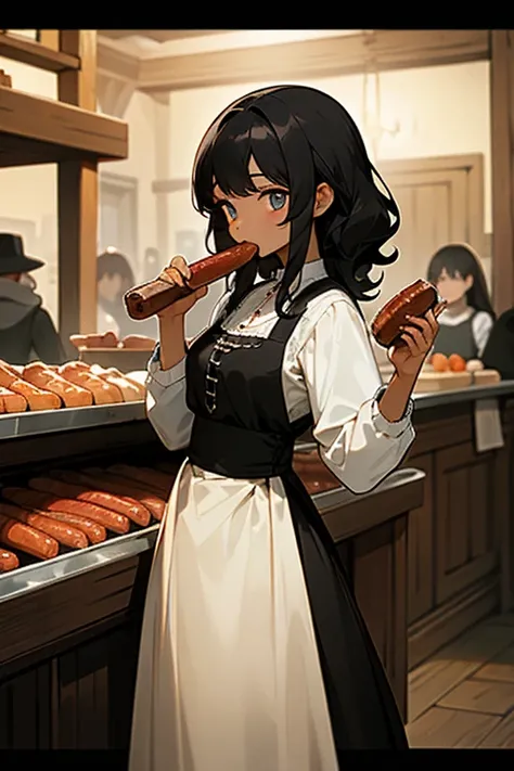 Loose and fluffy black hair perm、Brown Skin、２０A woman about the age、Dirndl、Tavern、whole body、Cool Eyes、European style、middle ages、Eating sausages at the counter