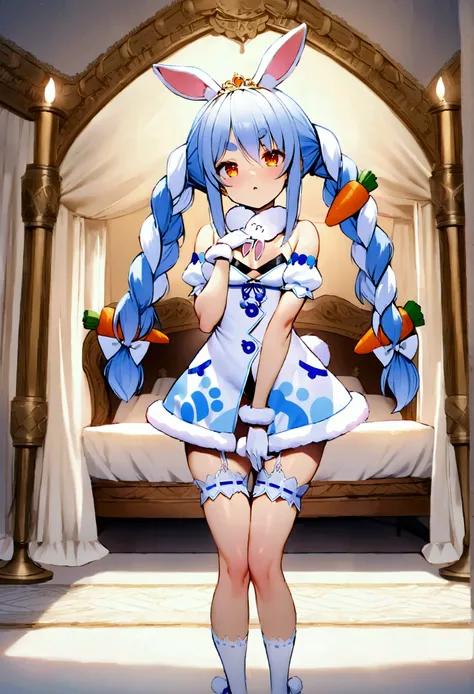 NSFW,masterpiece,Best Quality,High resolution,Very detailed,One girl,Usada Pekora(Hololive),Orange eyes、Thick eyebrows、Bunny ears、Two-tone hair、Blue Hair、White Hair、Long Hair、Twin tails、Braids、Tiara、Fur collar、White Dress、Ruffled sleeves、Short sleeve、Gold ...