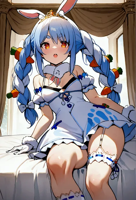 NSFW,masterpiece,Best Quality,High resolution,Very detailed,One girl,Usada Pekora(Hololive),Orange eyes、Thick eyebrows、Bunny ears、Two-tone hair、Blue Hair、White Hair、Long Hair、Twin tails、Braids、Tiara、Fur collar、White Dress、Ruffled sleeves、Short sleeve、Gold ...