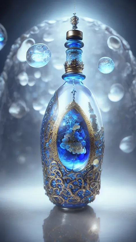 Dreamyart,
Decorative magic bottle from medieval Europe。A few rings inside、Put it in。
、Light Liquid, Thin Glass,  Fantastic、beautiful、Bubble chromatic aberration, reflection,Insane Details, Intricate details, Ultra-detailed, Realistic, photograph, Canon, D...