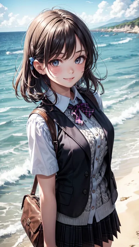 Very cute and beautiful girl,Teen,(Beautiful, highly detailed face and eyes),
(White collared shirt, Bow tie, Checkered pleated mini skirt, Knit vest),Standing on the beach,
(smile:1.2),Cowboy Shot,Have a school bag,hairpin,Brown Hair,Resort Beach,
(Best Q...