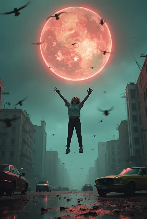 A person floating upward with their arms outstretched in shock.
Cars, buildings, and oceans floating into the air.
The Earth cracking in the background with pieces flying into space.
A large red circle or pulse effect around Earth, implying something catas...