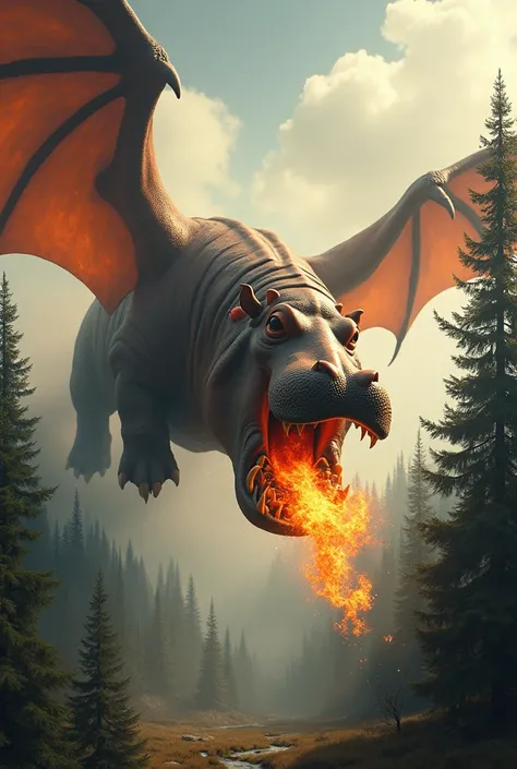 A hippo with dragon-like wings flies in the sky and breathes fire down to the ground. Atmosphere: Pine forest