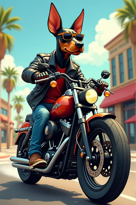 C4tt4stic,Cartoon Doberman horse riding Harley-Davidson in leather jeans（The specifics of the appearance of Doberman dogs、Lunette de soleil）