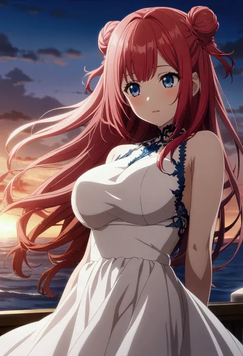 1 girl, red hair, long hair and some strands tied in small side buns, eyes that are a mix of deep ocean blue and sunset pink, white dress, big breasts, CG, screenshot