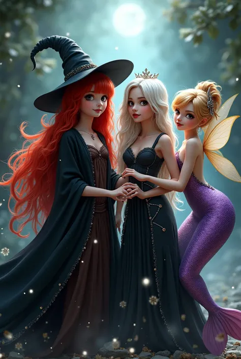 A group of 4 friends, sendo: a red haired witch with bangs wearing a hat and black robes.
a vampire woman with long white hair wearing a long black dress.
a fairy with orange hair wing and brown clothes.
a short-banged blonde haired mermaid with white and ...