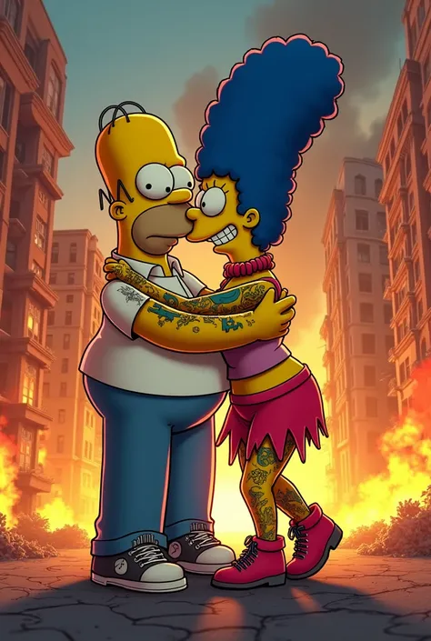 Reggaeton homer kissing emo mordercai while the city burns in the background