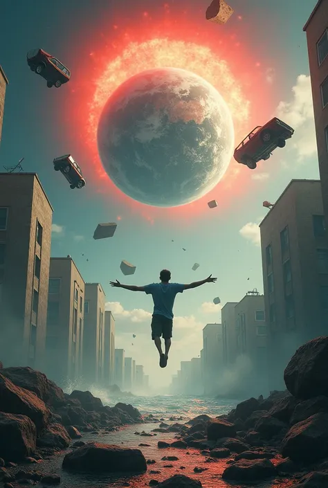 A person floating upward with their arms outstretched in shock.
Cars, buildings, and oceans floating into the air.
The Earth cracking in the background with pieces flying into space.
A large red circle or pulse effect around Earth, implying something catas...