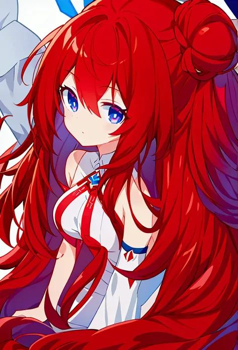 1 girl, red hair, long hair and some strands tied in small side buns, red and blue melt eyes, white dress, big breasts, CG, screenshot