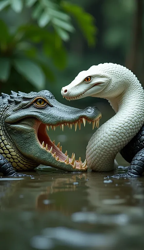 A crocodile and a white anaconda are standing face to face with each other.image in real hd.