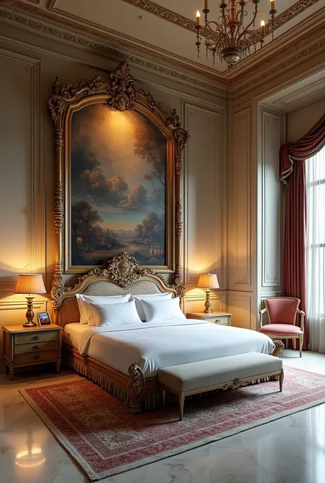 A deluxe hotel room with bed inspired in painting museum