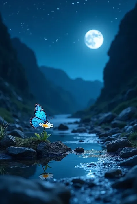 Rocky area　puddle　Moonlit Night　Moon Shining　Blue Butterfly　Sparkling fantastically　Rocky areaに溜まった水　The water sparkles　Many stars in the night sky　river　live-action　よりlive-action　Blue ButterflyがRocky areaにある一輪の白い花に止まっている