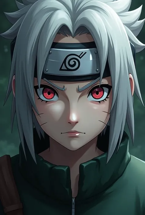 a highly detailed portrait of 1 girl from the anime naruto,intricate detailed face, striking piercing eyes with tomoe pattern, silver hair, wearing his iconic leaf village ninja outfit, sharp defined features, pale skin, serious facial expression, swirling...