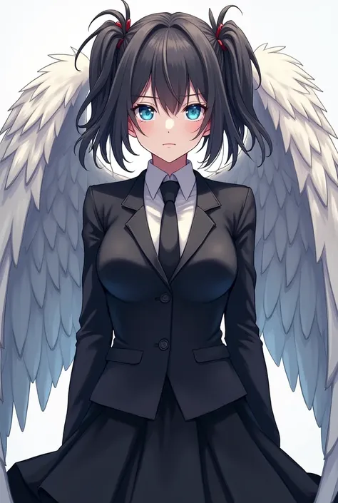 a girl with messy hair with big long pigtails dark color long and wearing a big black skirt with a suit with a tie,big white wings and blue eyes with a serious face,anime style with a more realistic body