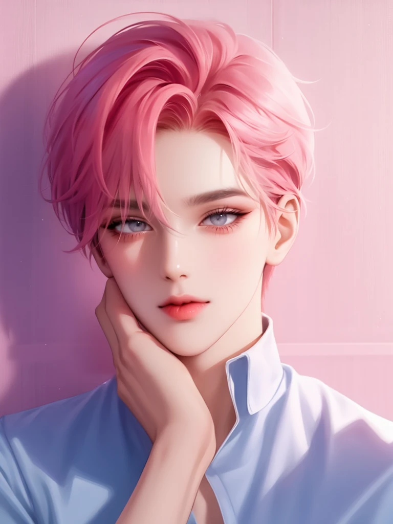 1boy, Handsome, Pink, Hair, Blue, Eyes, Photo 