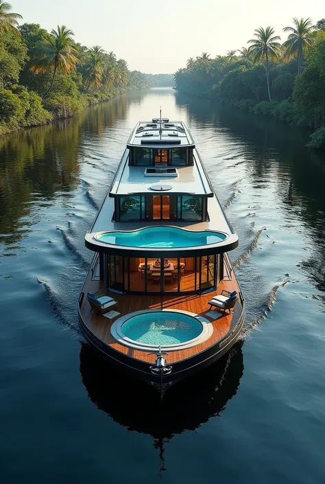 a luxury river barge (named Amontana), without floor and with a color based on blue, le noir et le bois. The boat will have a bay window on the sides and a small terrace swimming pool at the front on the deck . Sailing on the Pangalanes Canal in Madagascar...