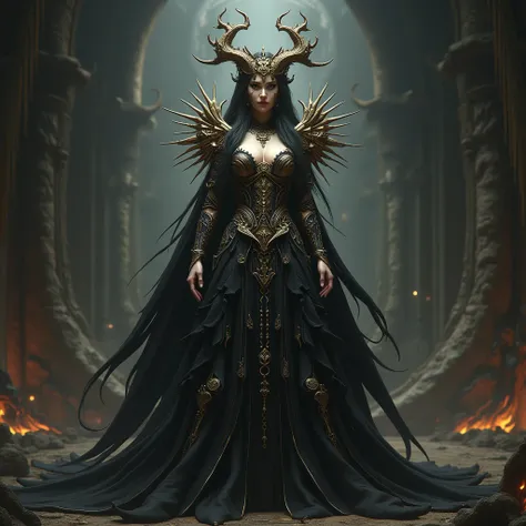 ((perfect anatomy:1.2,realistic:1.3,RAW Photography:1.3,masterpiece、highest quality、Ultra - High resolution、High resolution、Highly detailed CG、8K)), image of a female Belakor from warhammer fantasy lore, In a dress.