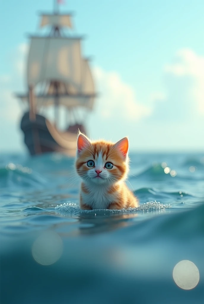 Cute kittem is in the mddle of sea and suddnely saw ship came to his side 