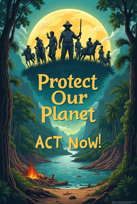 Make a poster with the theme "protect Our planet:act now!" Illustrating deforestation, illegal mining, oil spills and more