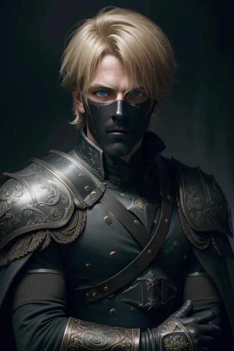 masterpiece, best quality, 1man, adult, male focus, solo, medium blonde hair, vibrant blue eyes, gloves, looking at viewer, cape, High quality metal texture, semi metal armor, closed mouth, black metalic gloves, upper body, bangs, high collar,(kbxll:0.6), ...