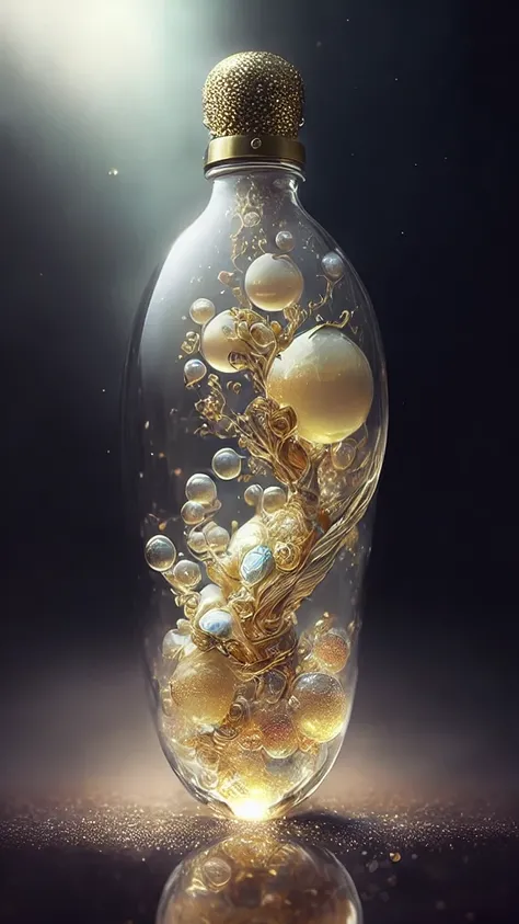 Dreamyart,
A bottle full of sweets。
、Light Liquid, Thin Glass,  Fantastic、beautiful、Bubble chromatic aberration, reflection,Insane Details, Intricate details, Ultra-detailed, Realistic, photograph, Canon, Dreamy, art, Ultra-detailed photographrealism by gr...