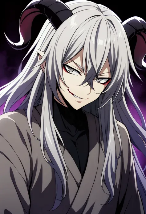 1boy, silver hair, long hair, hair between eyes, gray eyes, demon boy, goat horns, sadistic smile, CG