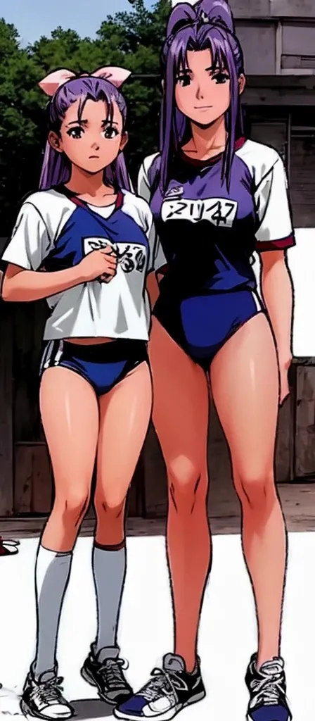 On the right stands Momoko Koigakubo in gym clothes with beautiful legs.。On the left stands a young boy in a jersey.。