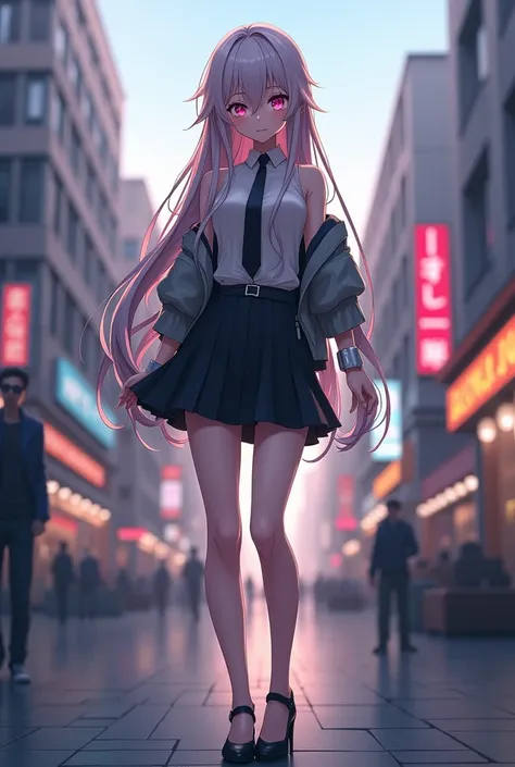 Anime girl standing on a city street with long hair and pink eyes, trending in ArtStation Pixiv, pink eyes, black tie, beautiful (detailed eyes, detailed face,) Ahegao, euladef, noble temperament, high heels, no watermark